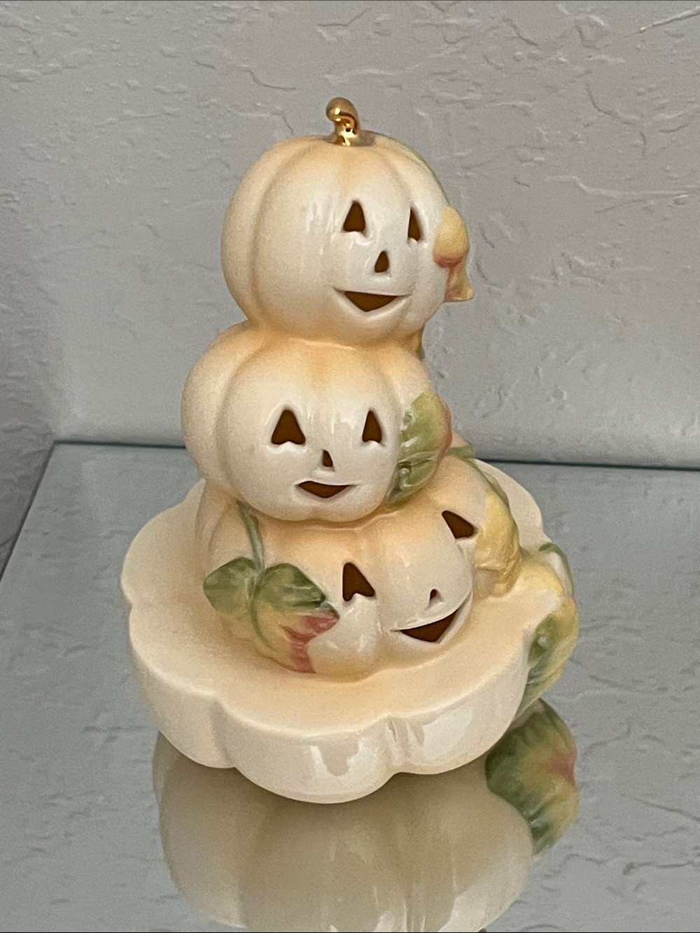 Lenox Triple Jack-o'-Lantern Ceramic  w/ Green Leaf Accents 24k Gold stem RARE